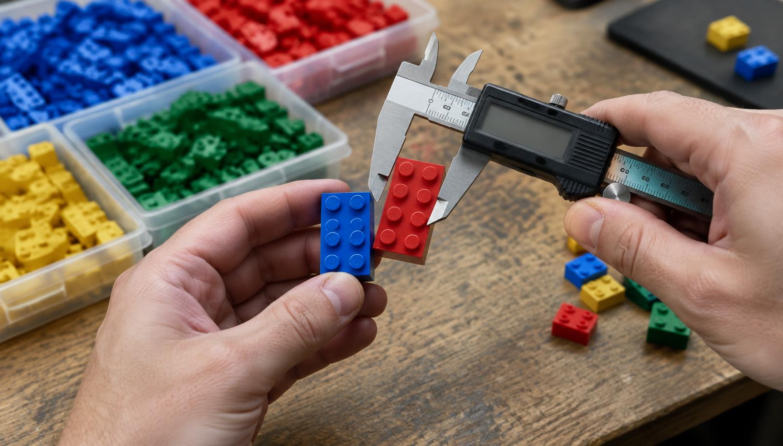 Builder measuring two lego alternative bricks with a digital caliper to check stud tolerance and clutch fit