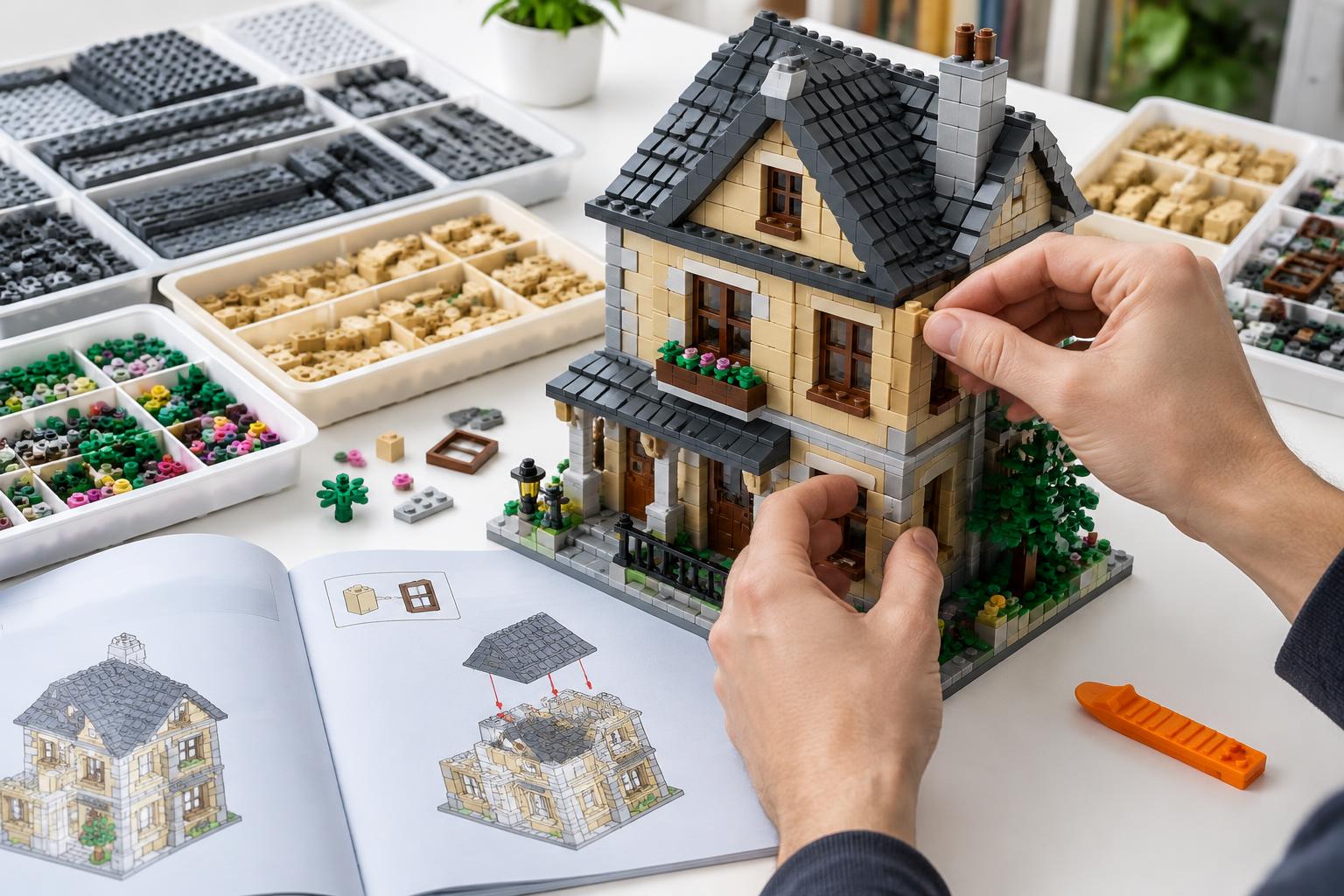Adult hands assembling a brick-built house with sorted parts trays and an instruction booklet