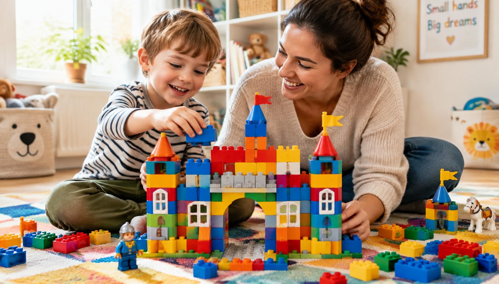 Parent and young child building a colorful brick castle with compatible brick sets for kids on a playroom rug