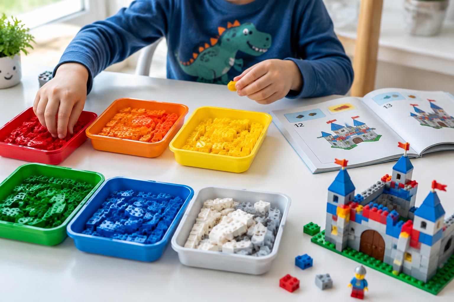 Child sorting colorful building bricks into trays beside a half-built brick castle