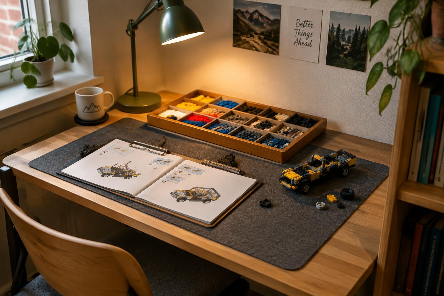 Dedicated home building corner with sorted brick trays, desk lamp and instruction booklet