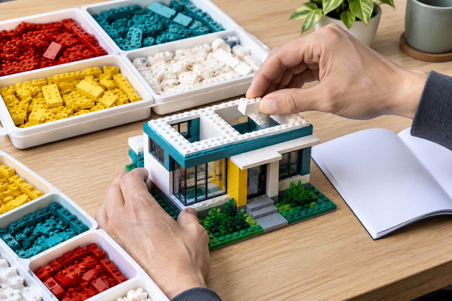 Adult hands assembling a brick house beside sorted parts trays
