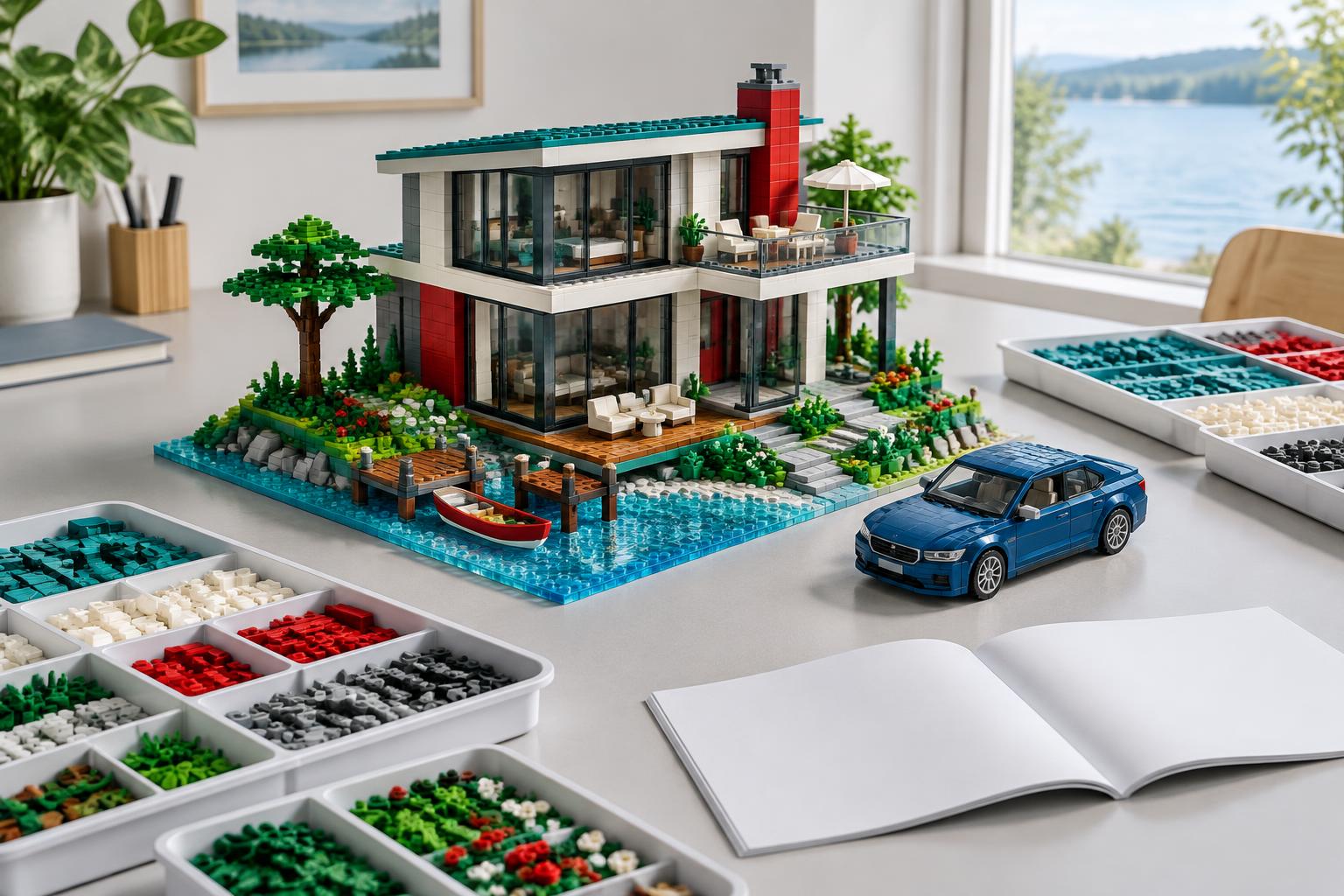 Detailed brick-built lakeside house and blue car with sorted building kit pieces