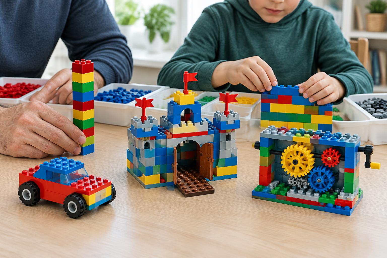 Parent and child testing a brick column and mixed wall beside a car, castle, and gears