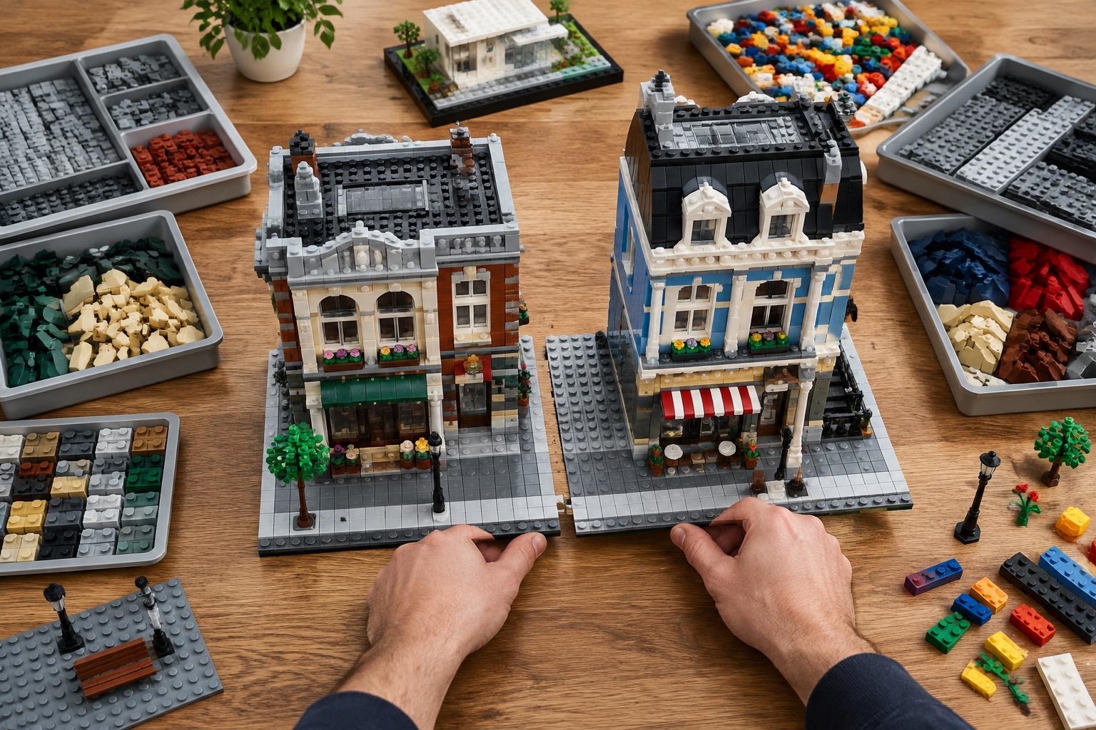 Hands connecting modular brick buildings on baseplates with sorted compatible parts nearby
