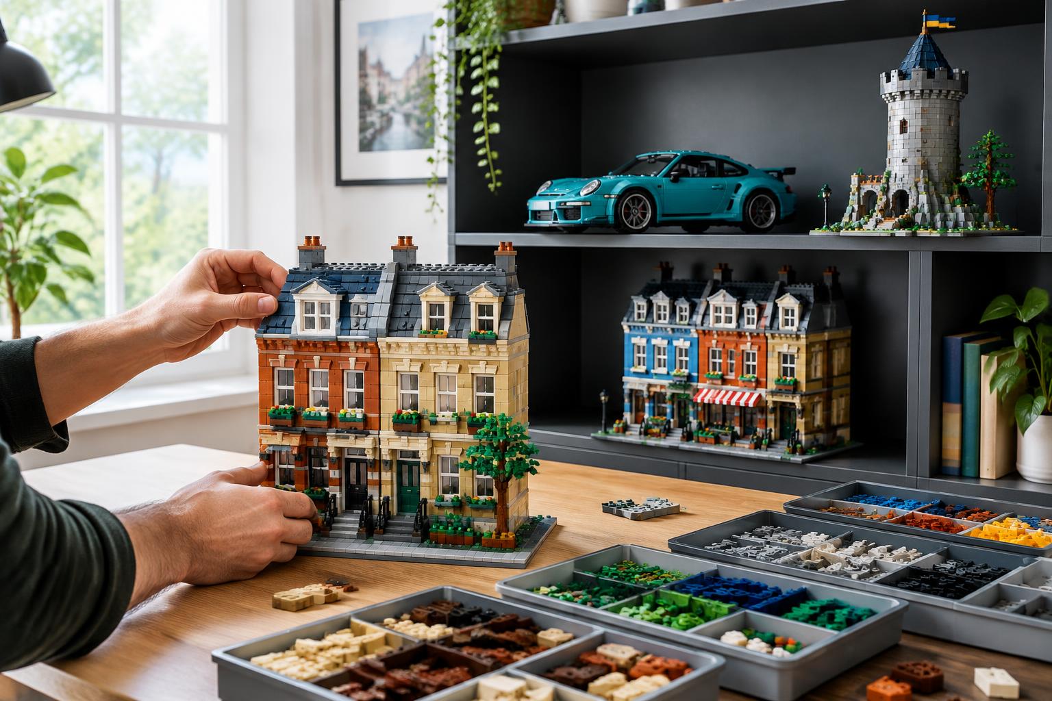 Adult builder arranging modular brick townhouses beside a sports car and castle display