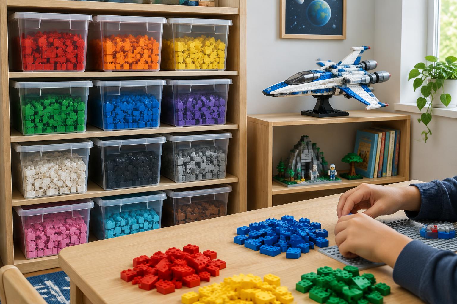 Kids building corner with clear bins of bricks sorted by color and a finished brick spaceship on a shelf