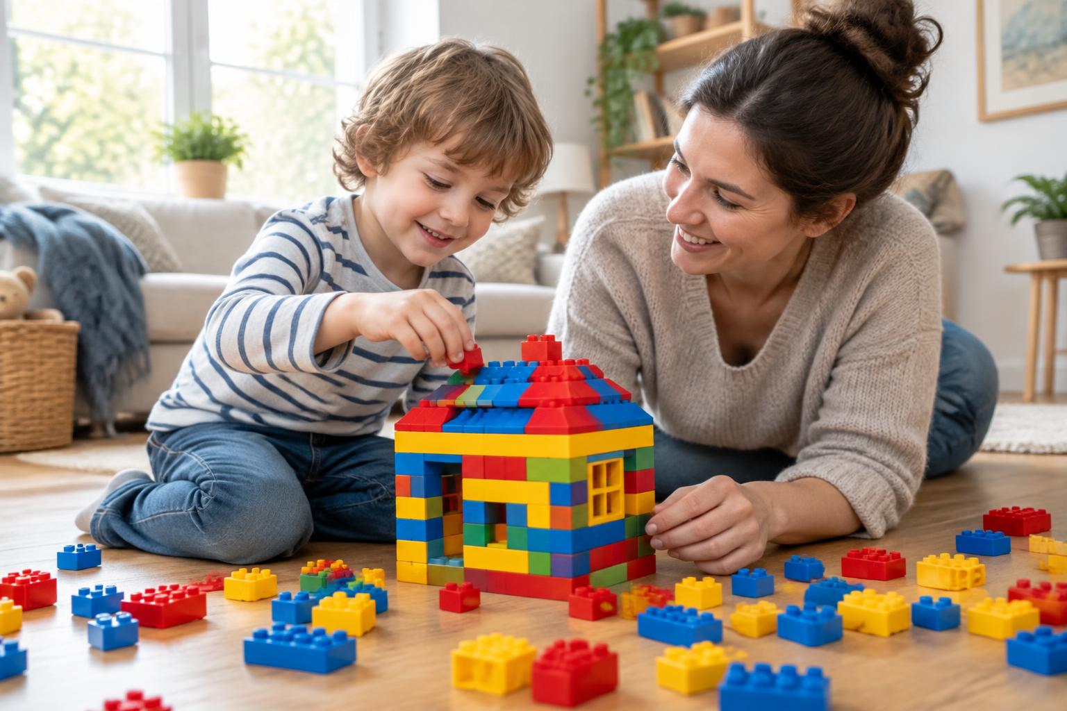 Child and parent building a colorful brick house with building brick toys on a living room floor