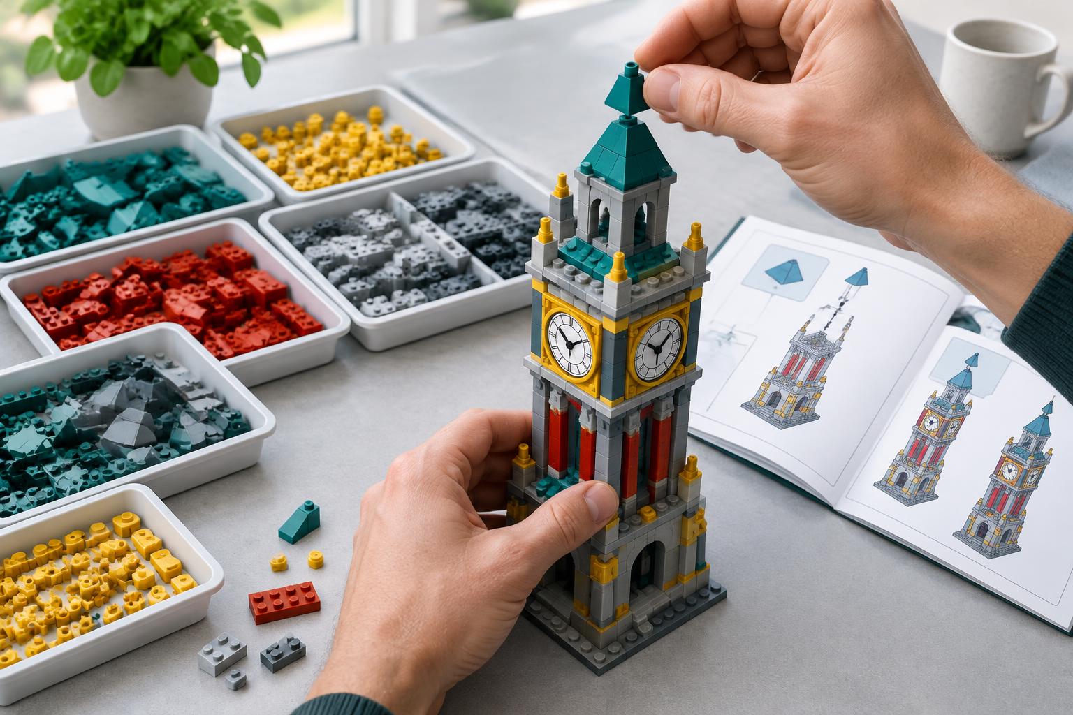 Adult hands assembling a brick clock tower beside sorting trays