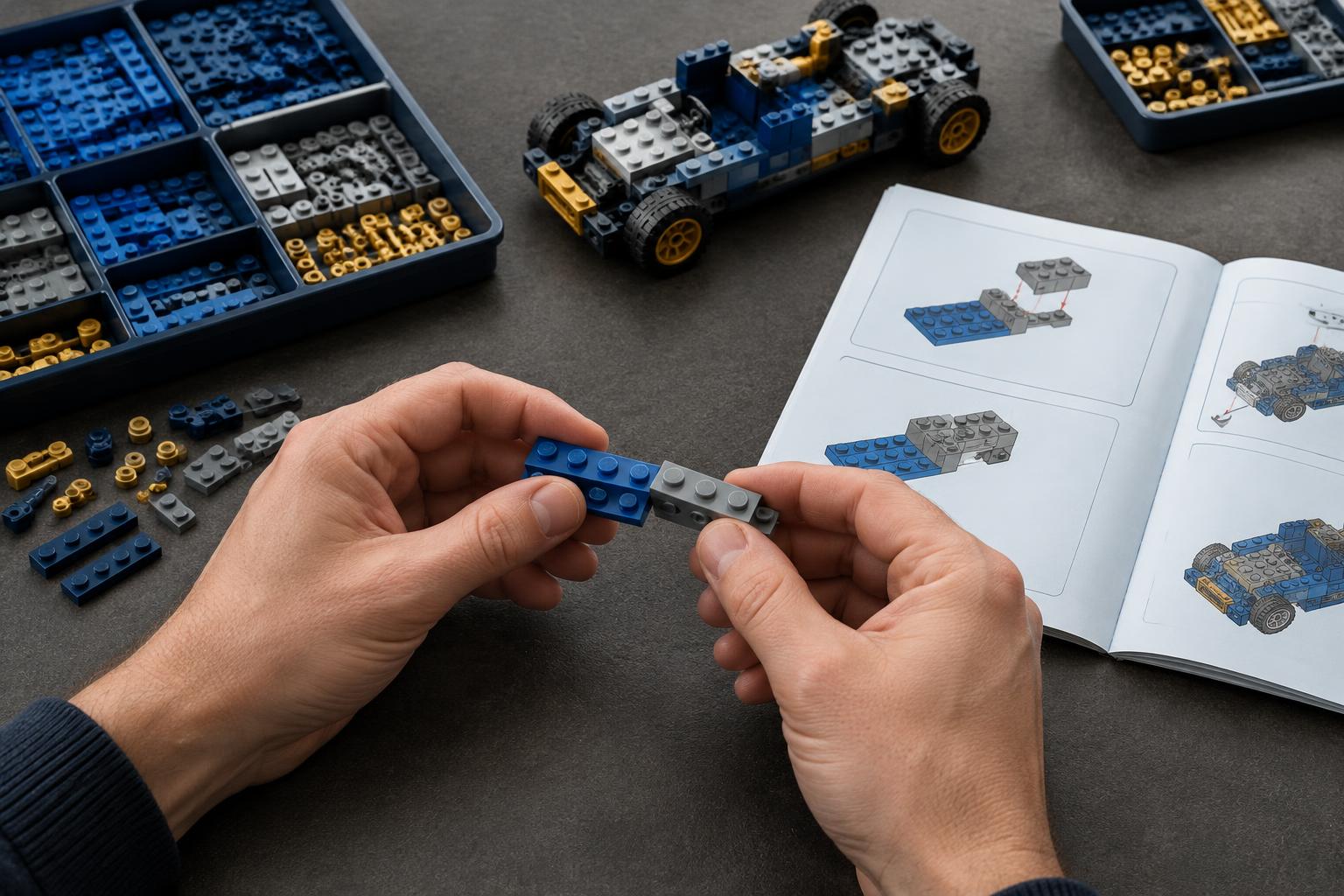 Hands checking blue and gray brick connections beside sorted parts and a vehicle chassis