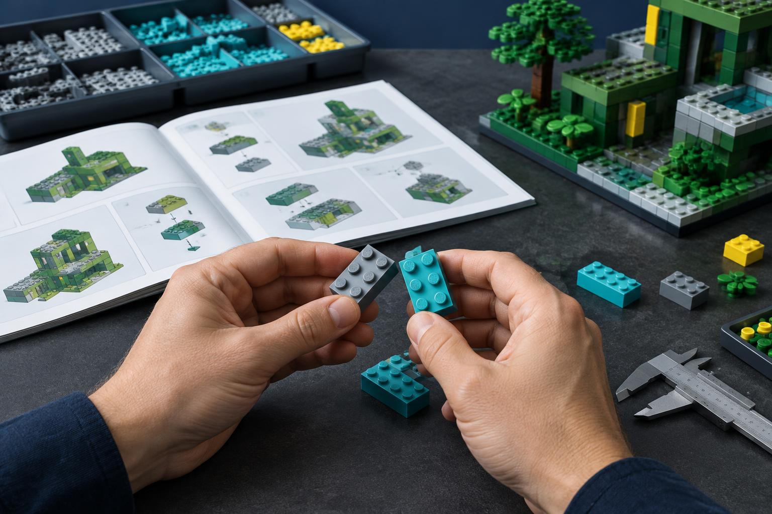 Hands checking gray and turquoise bricks beside a caliper and instructions