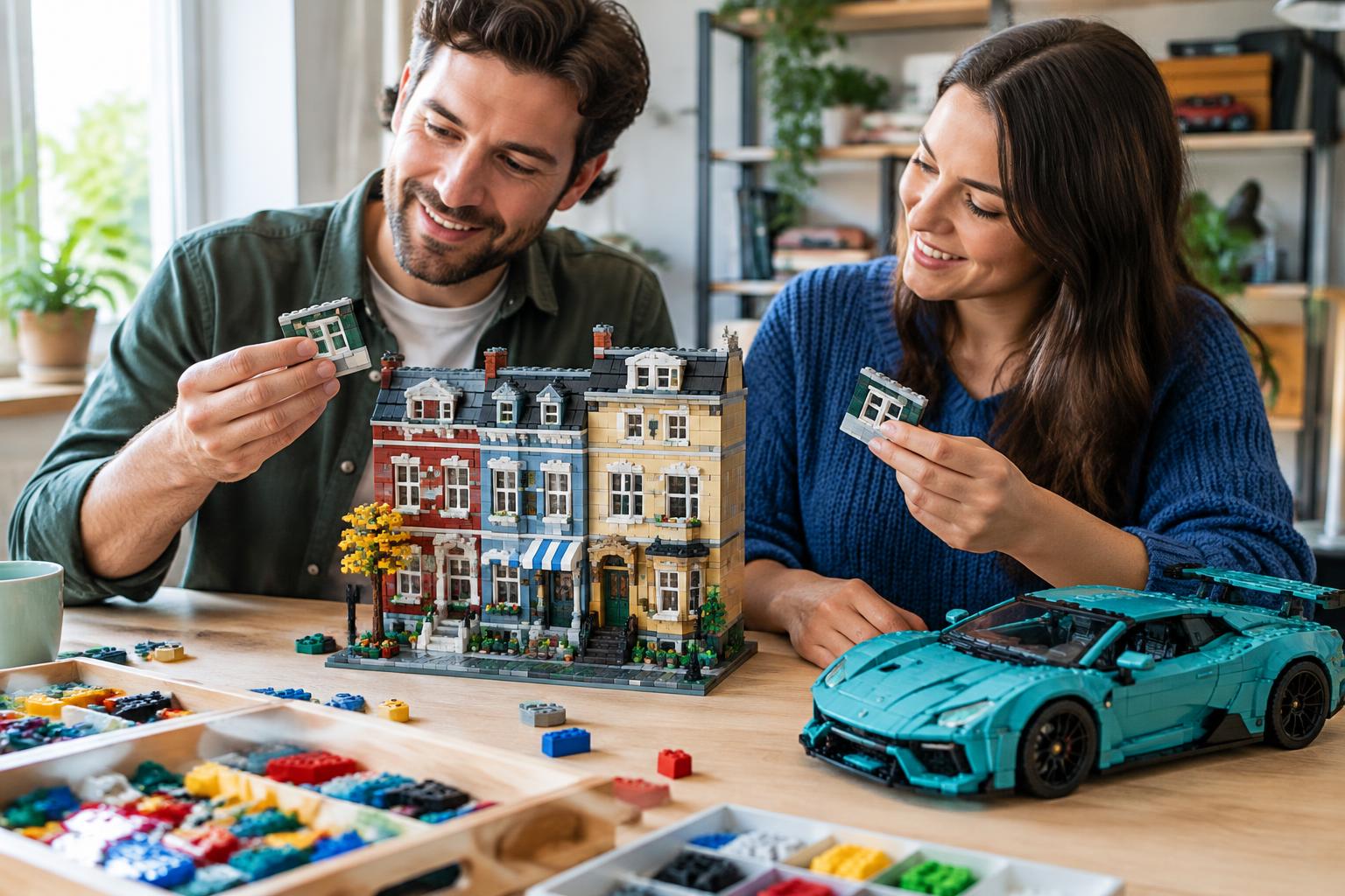 Two adult hobbyists inspecting a modular townhouse and teal brick-built sports car