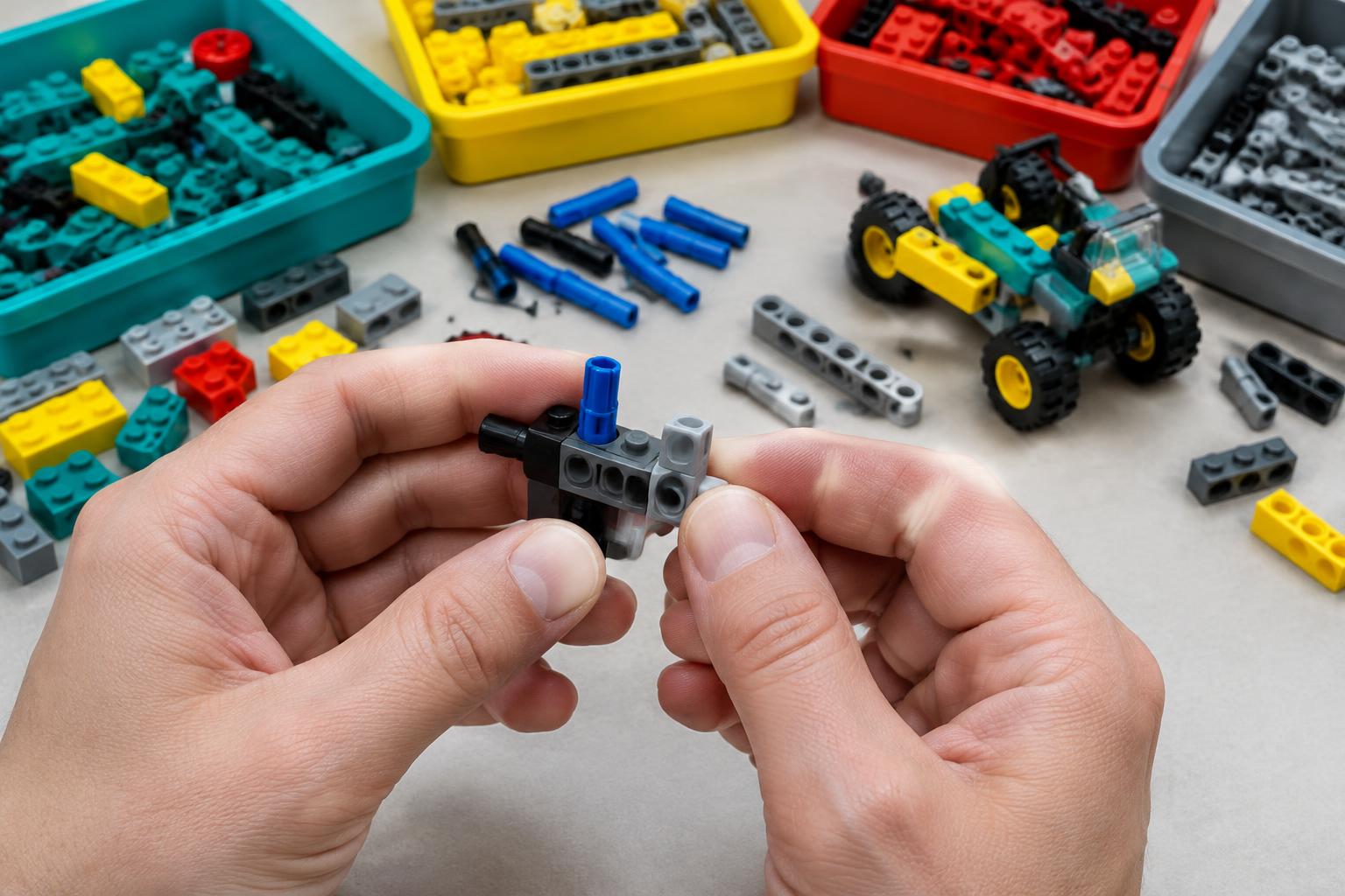 Hands testing technical brick connectors beside sorted colorful compatible parts