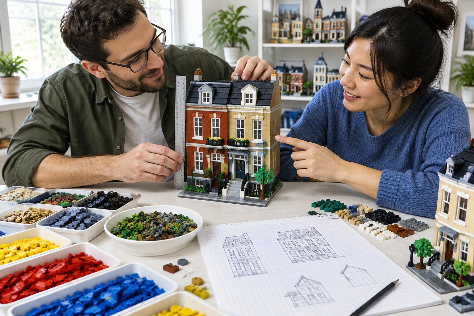 Two adult hobbyists measuring a brick townhouse and discussing their build plan