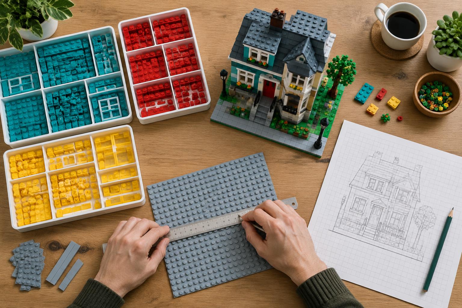 Sorted compatible bricks, a measured baseplate and architectural sketches on a planning worktable