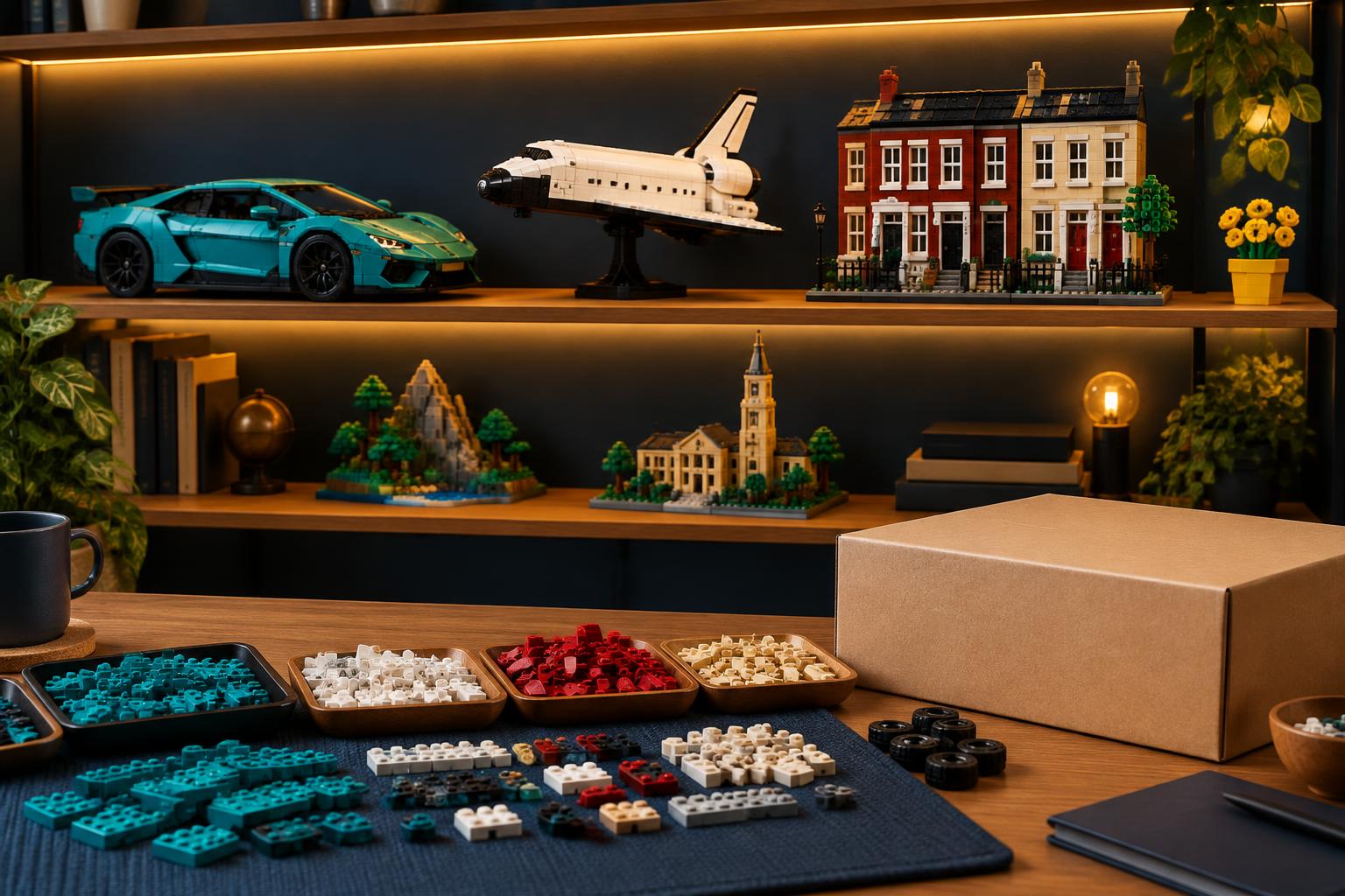 Collector shelf with teal brick car, space shuttle and modular townhouses
