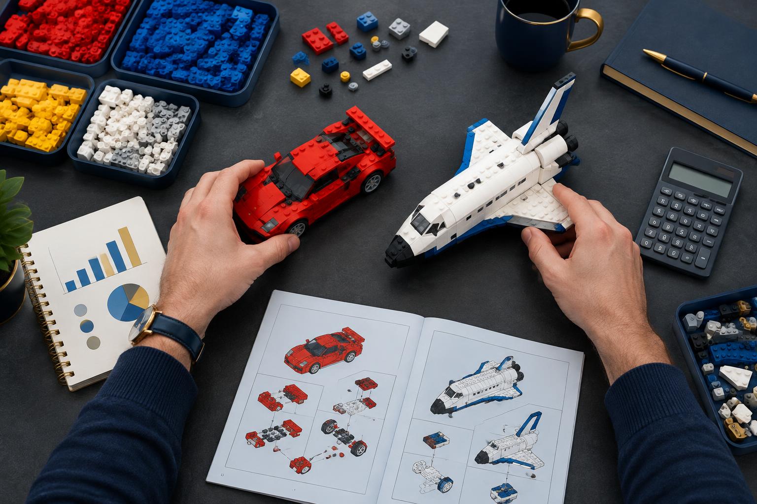 Builder planning a brick collection with sports car, shuttle and savings notebook