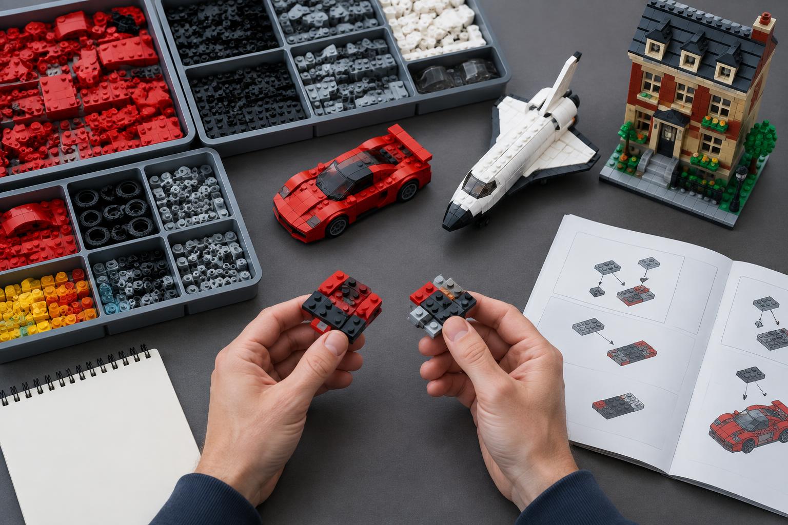 Hands comparing brick assemblies beside sorted pieces and three building models
