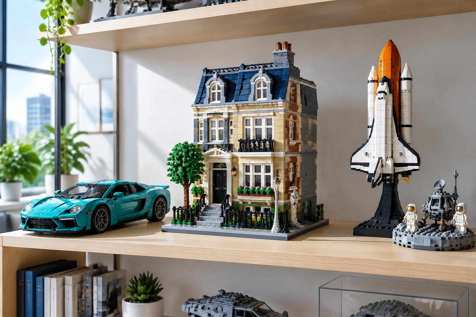 Compatible brick townhouse, teal sports car and space shuttle arranged on a display shelf