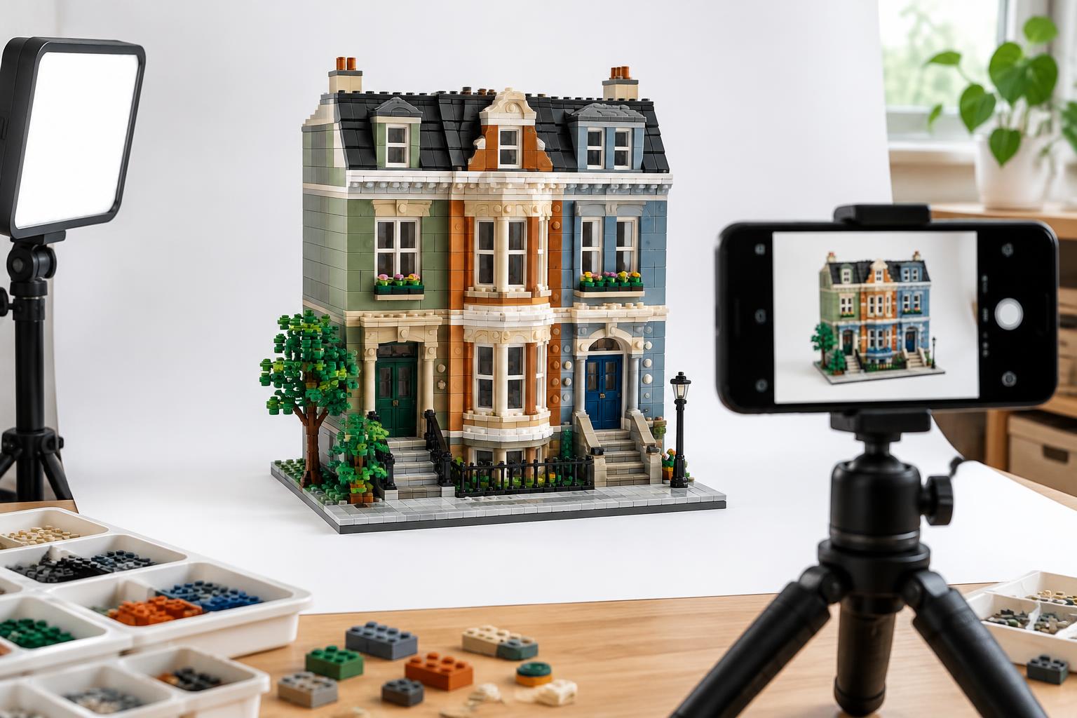 Brick-built townhouse photographed using a smartphone tripod, clean backdrop and diffused light