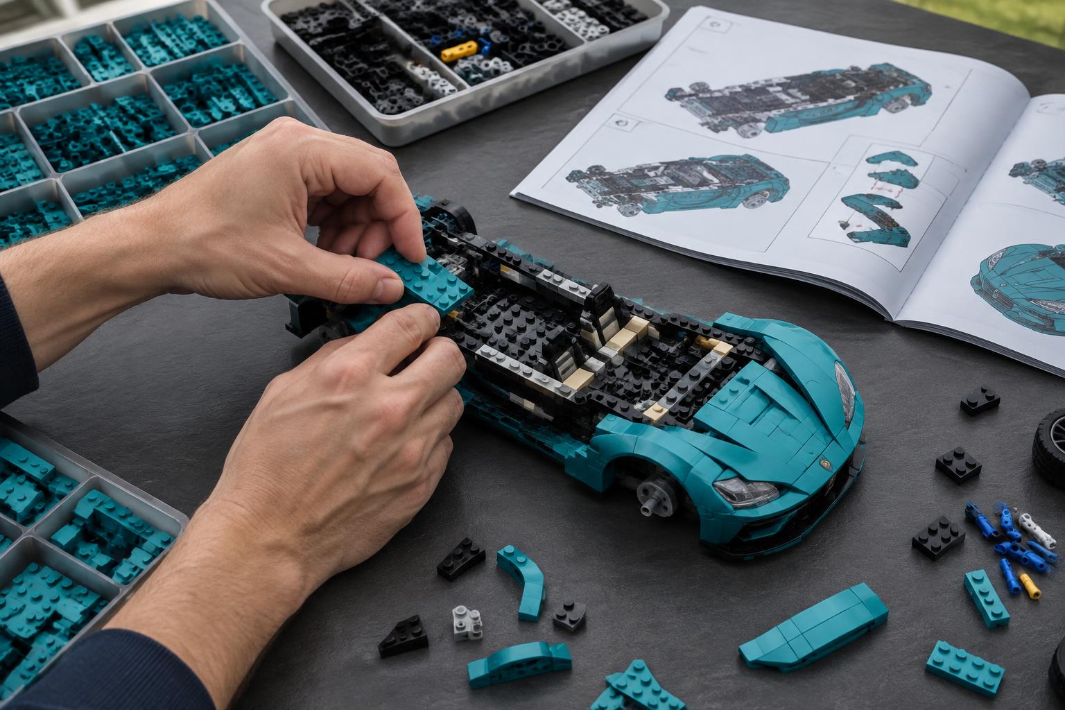 Builder pressing teal bricks onto a vehicle chassis beside sorting trays and illustrated instructions