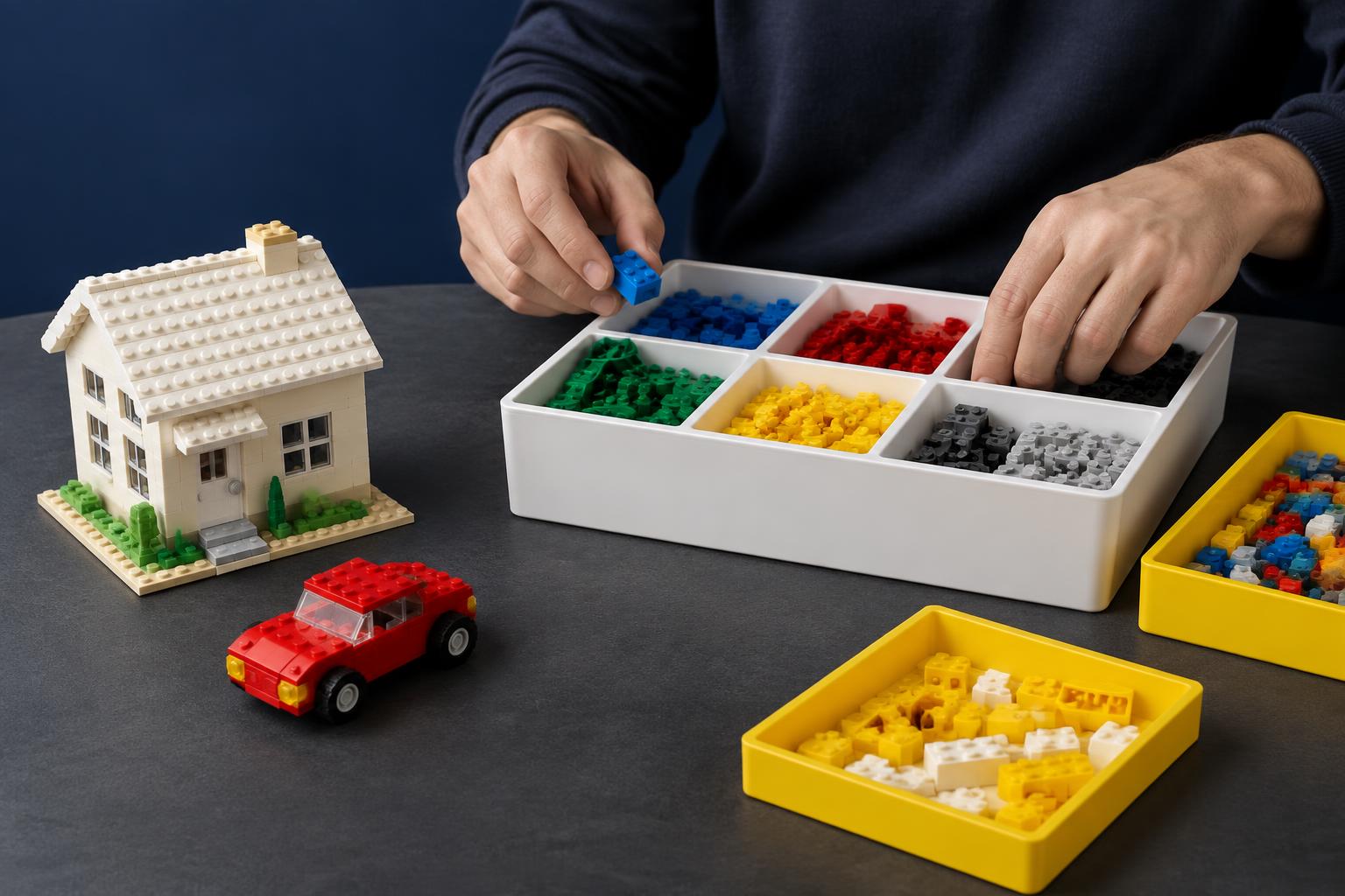 Adult sorting colorful bricks in white compartments beside a brick house and red car
