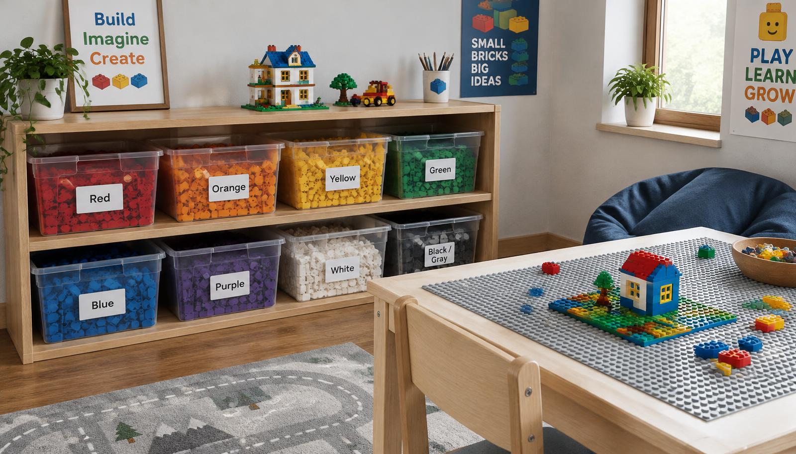 Organized building play space with labeled bins of block sets for kids sorted by color and a baseplate table