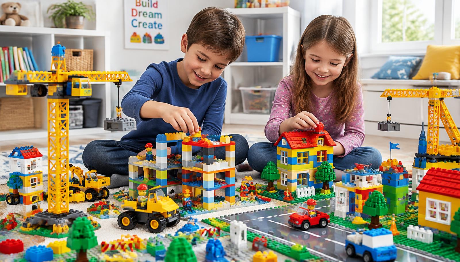 Two kids building a colorful brick city with cranes and houses from construction sets for kids