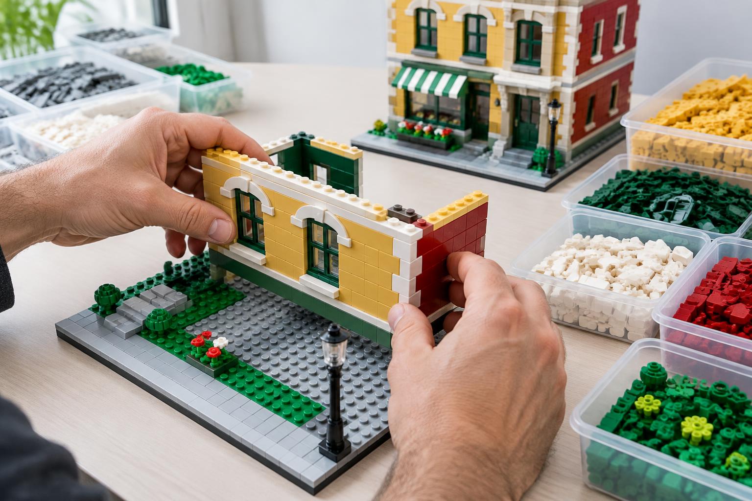 Adult builder connecting a modular brick wall to a baseplate beside sorted pieces