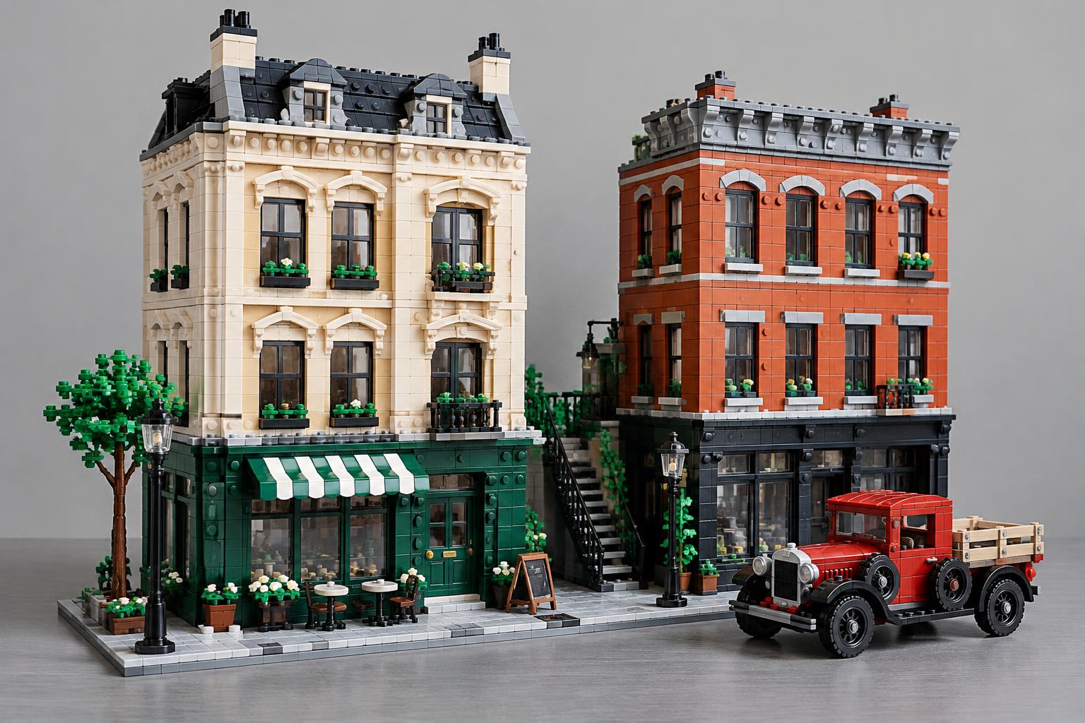 Detailed brick-built modular street with two buildings and a red vintage truck