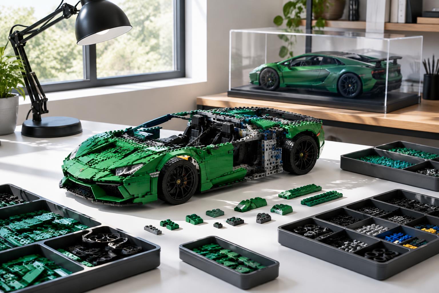 Partially assembled green brick sports car with sorting trays and a protected finished display model