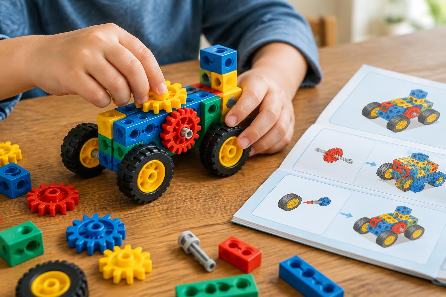 Child's hands connecting construction block toys with gears and wheels into a small vehicle beside an instruction booklet