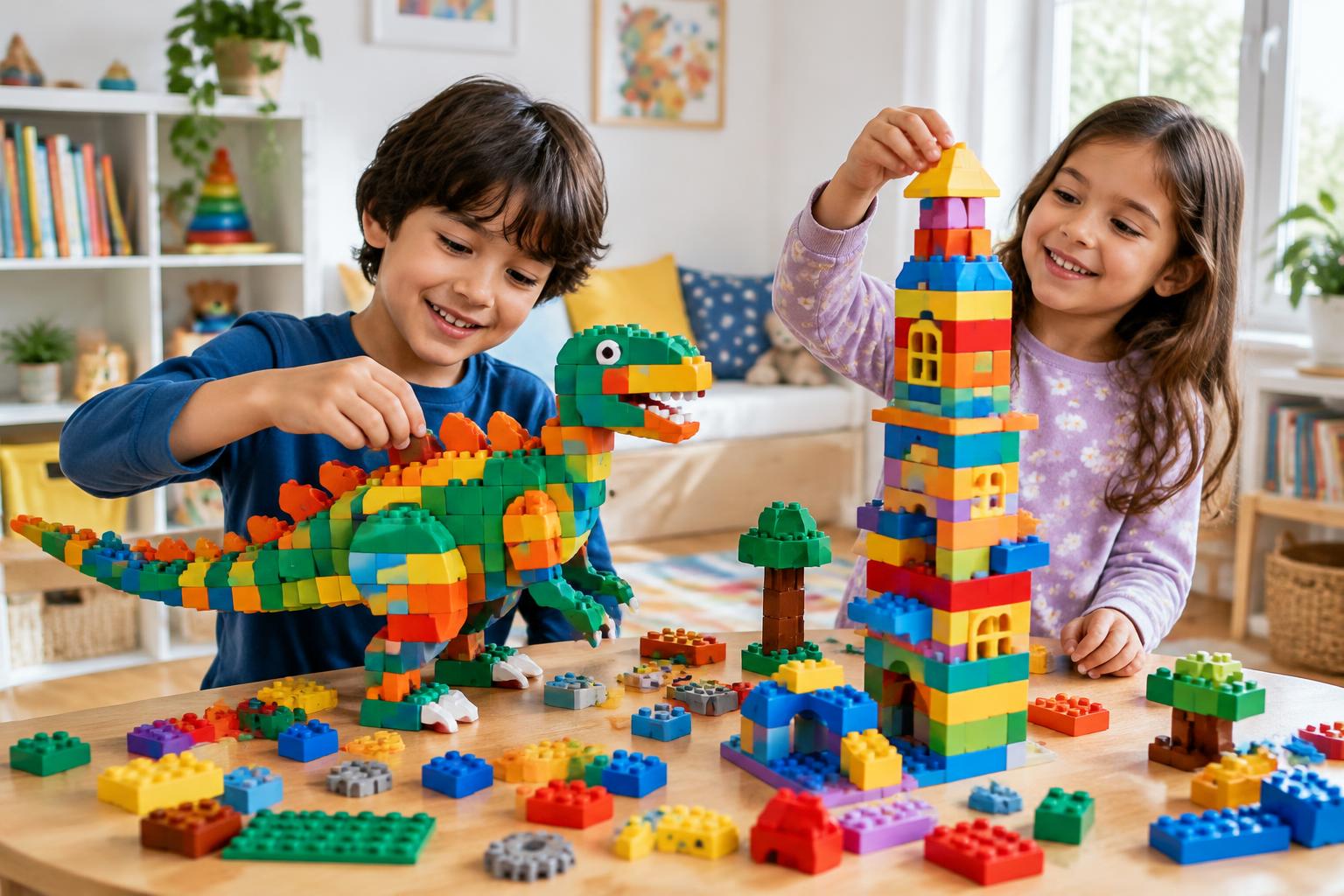 Two kids building a colorful brick dinosaur and a tall tower with creative construction toys