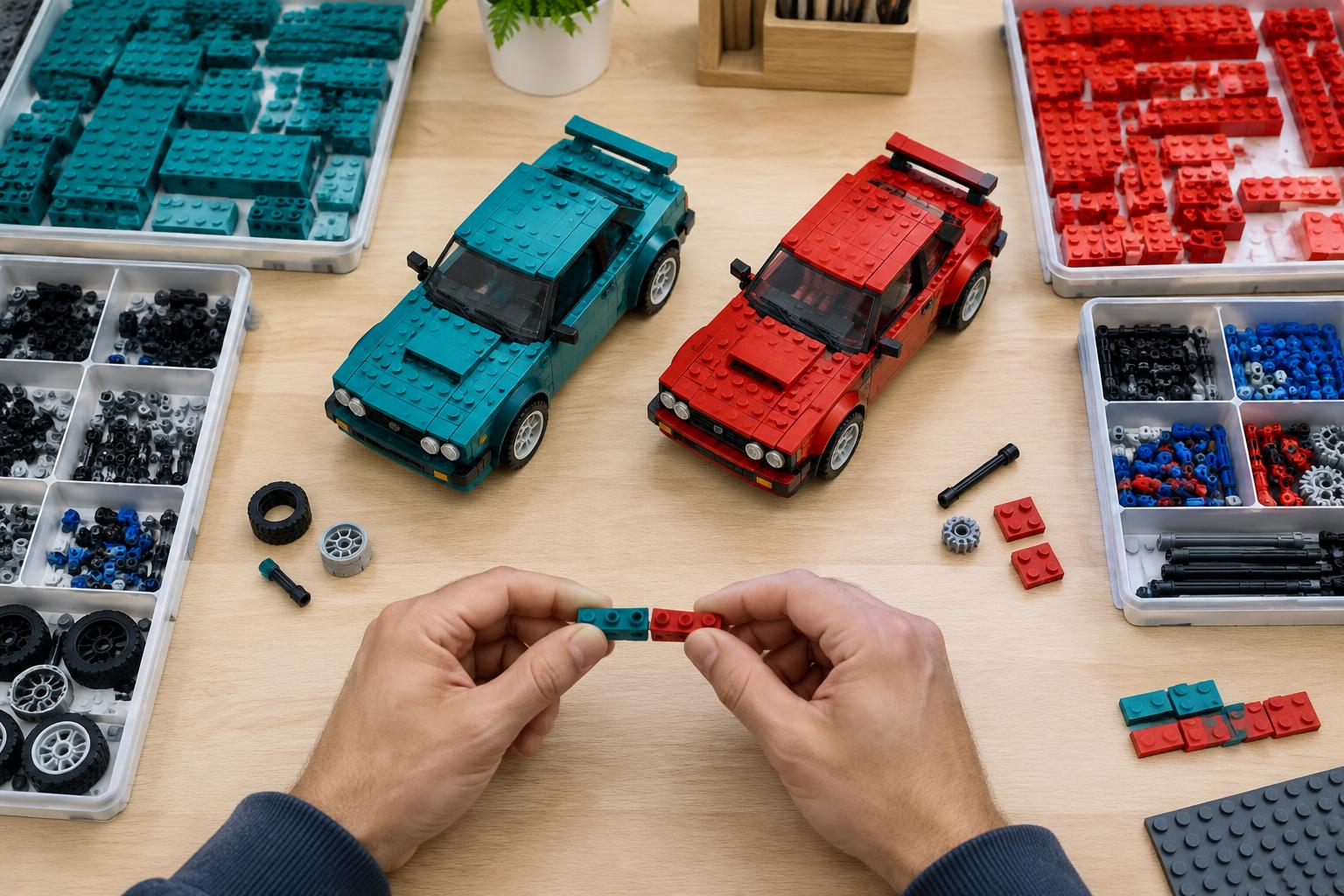 Teal and red brick-built cars with sorted parts for a compatibility comparison