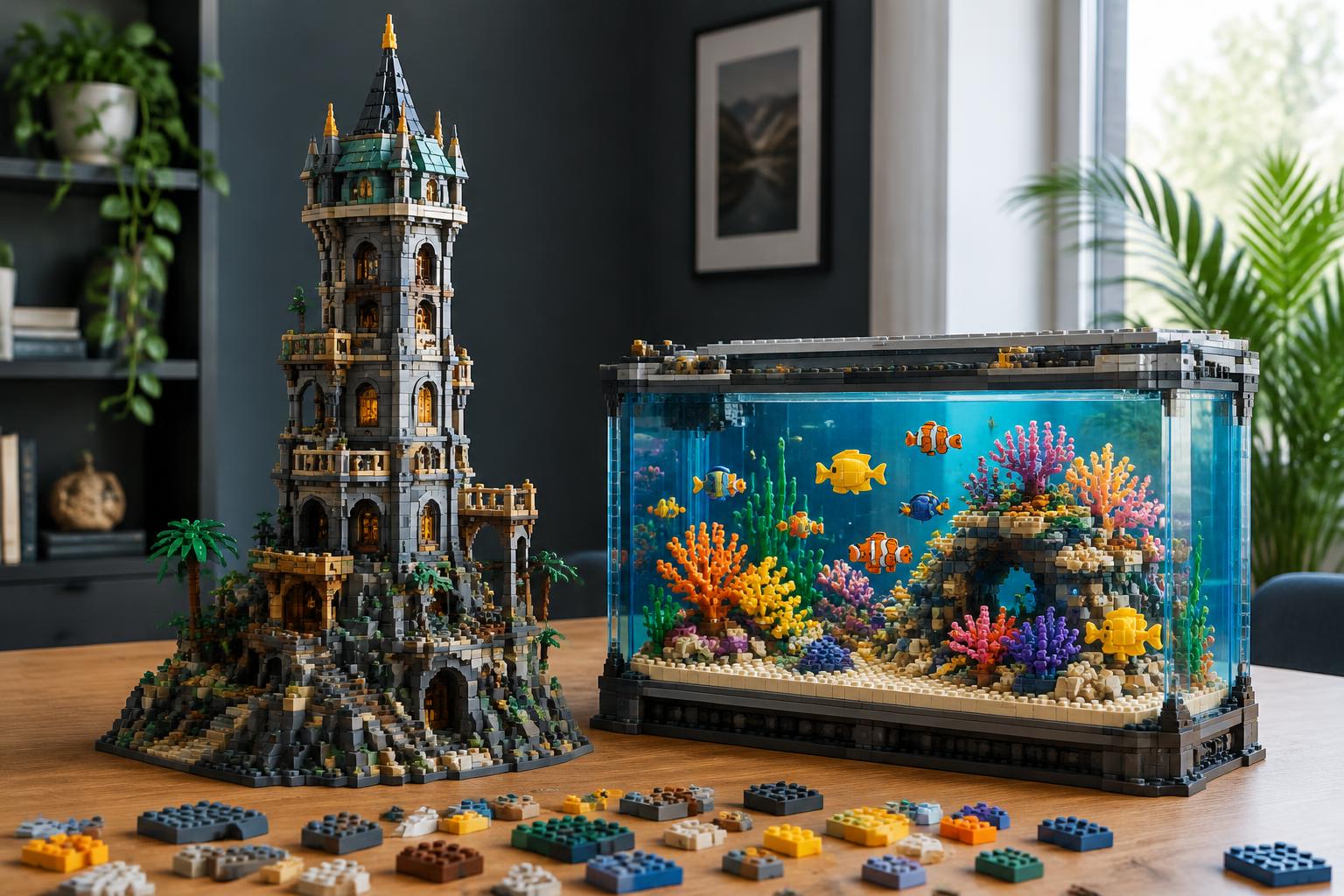 Detailed architectural tower and colorful tropical aquarium built from compatible bricks