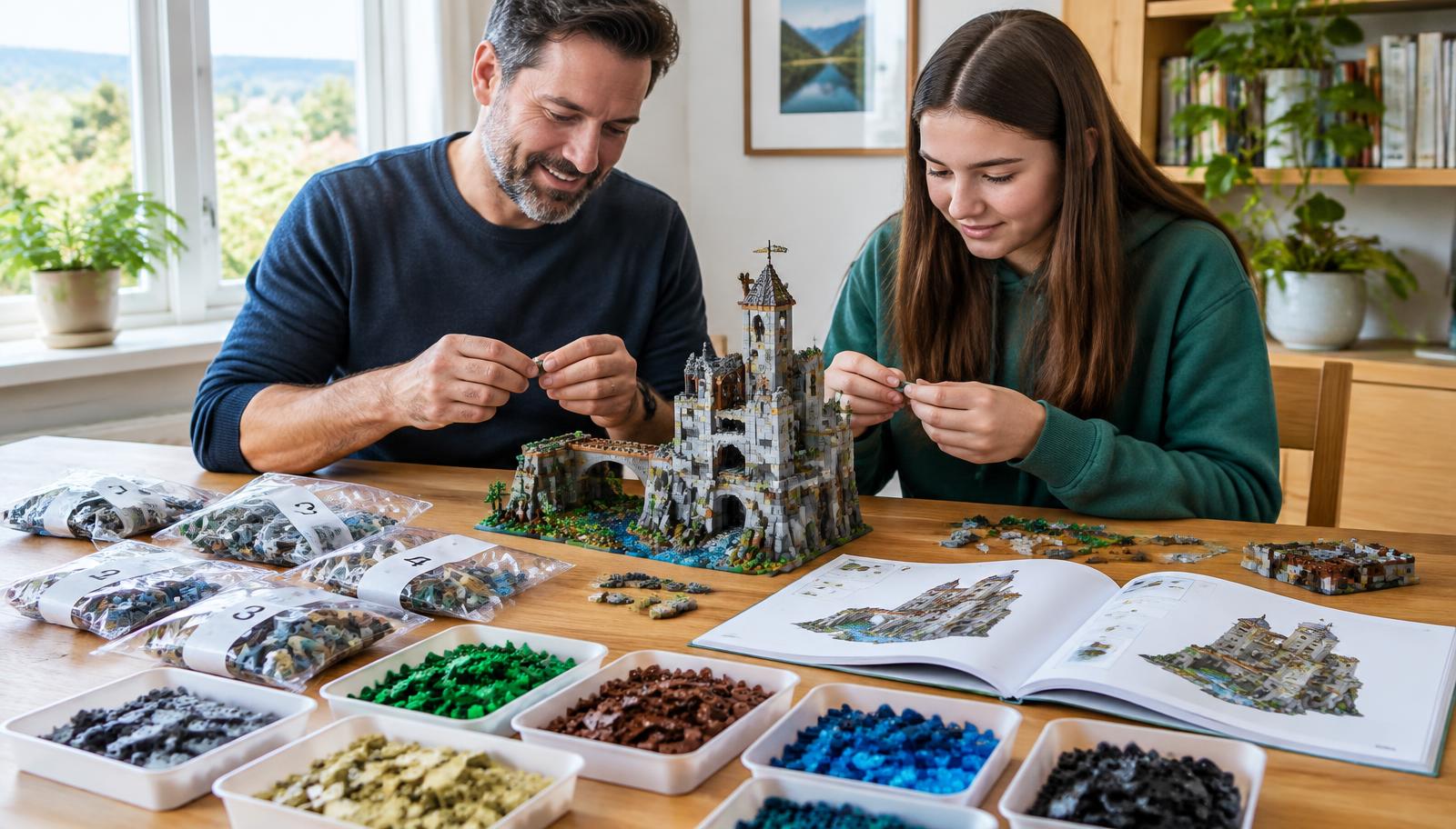Parent and teen building a large castle from lego compatible blocks with numbered bags and color-sorted trays
