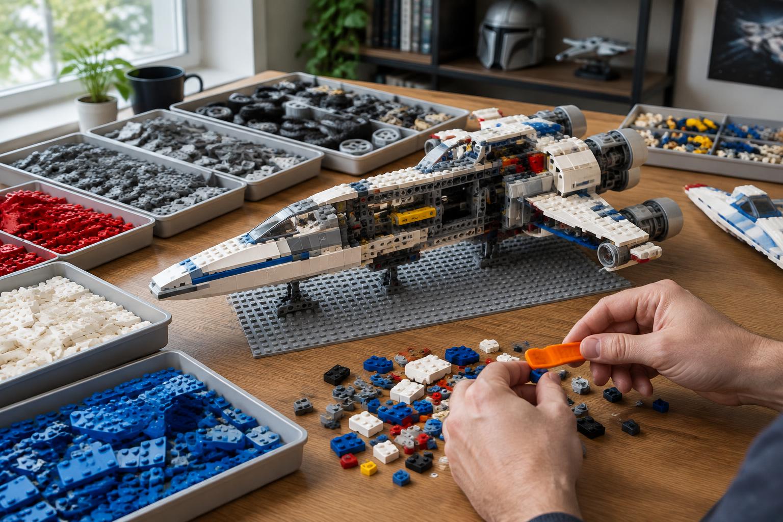 Adult builder using a brick separator beside sorted plastic blocks and a partially assembled spaceship