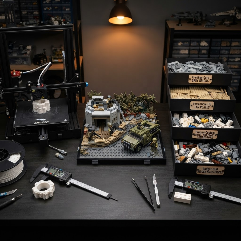 Three-zone display showing a 3D printer producing custom brick connectors beside a completed Sluban military MOC diorama and four labeled parts trays sorted by source role