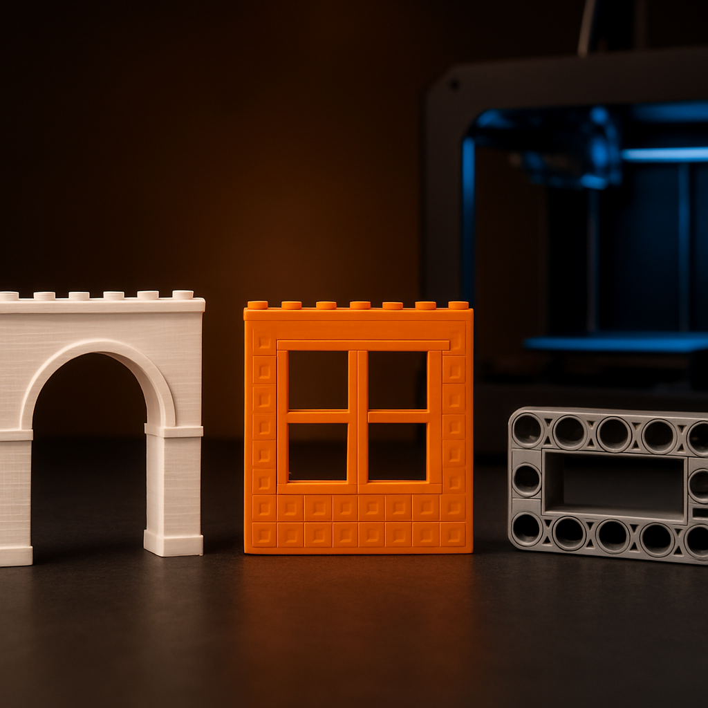 Three 3D-printed brick-compatible models — white PLA arch, orange PETG wall panel, and grey ABS connector plate — displayed on a dark surface beside a glowing FDM 3D printer