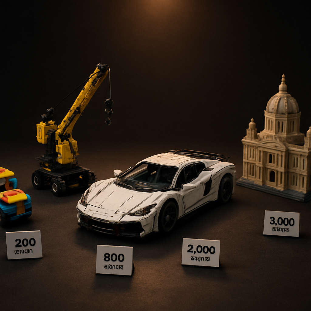 Four brick models arranged by builder type — a simple kids vehicle, a STEM crane, an adult supercar, and a collector's landmark — representing the full range of lego alternative sets