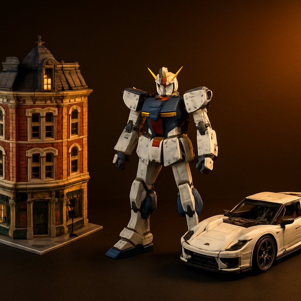 Three advanced brick building systems side by side: standard modular city build, Japanese-inspired anime mech, and technical 1:8 supercar with working mechanisms