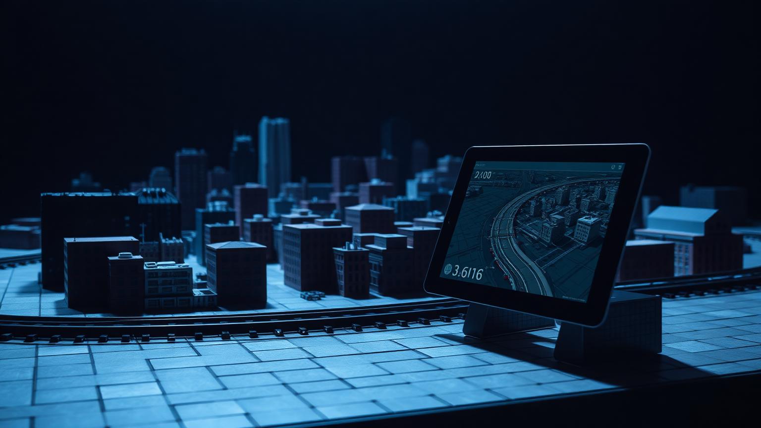 Large brick-built city layout on tiled base plates with track running through it and a tablet showing an augmented reality overlay
