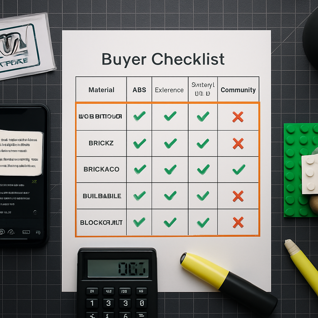 Five-row brand evaluation checklist comparing MOREBYBOURN and four competitor brands on ABS material, manufacturing tolerance, safety certifications, community reviews, and price per piece