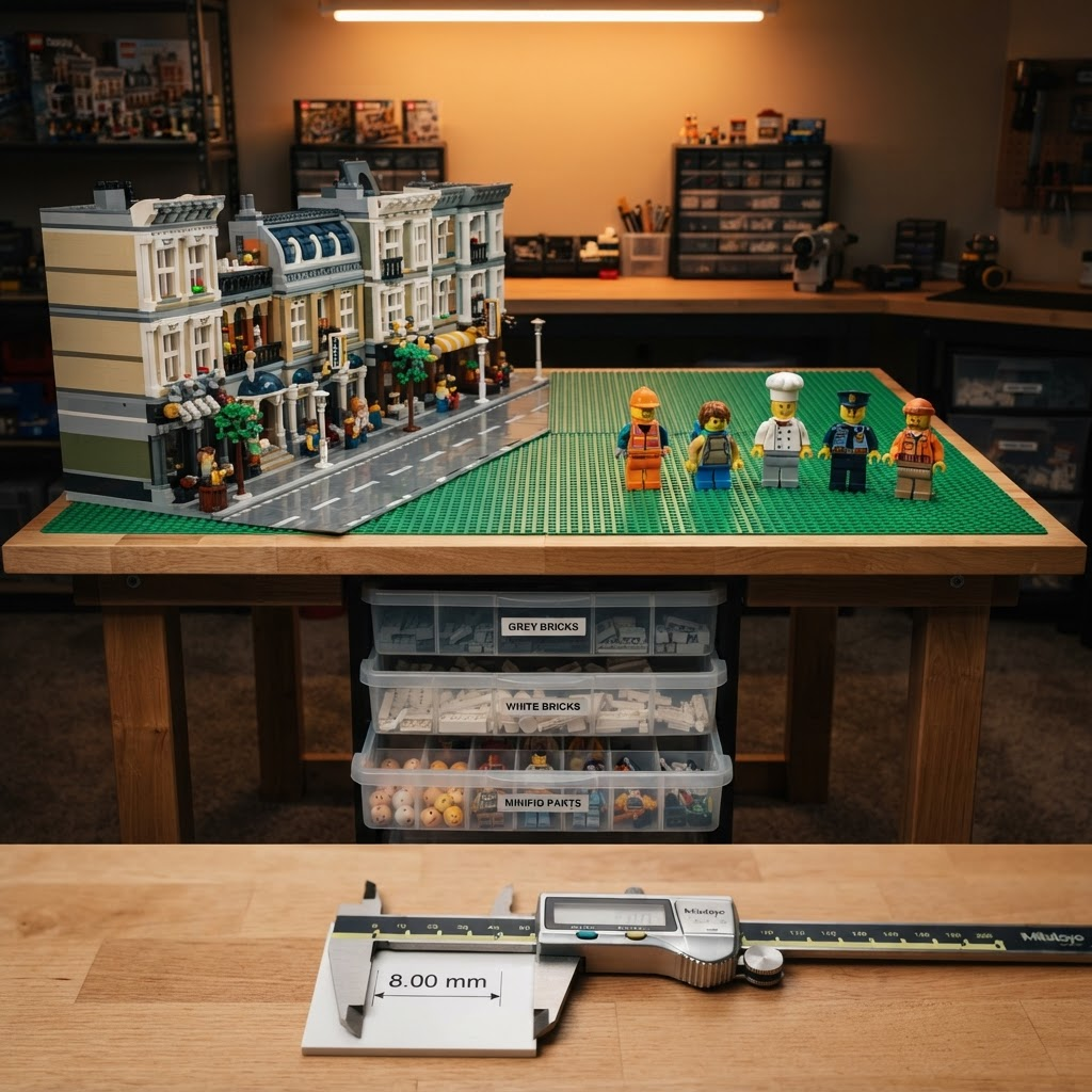 LEGO-compatible play table with four baseplates, a modular city build, five posed minifigures, and labeled storage drawers underneath