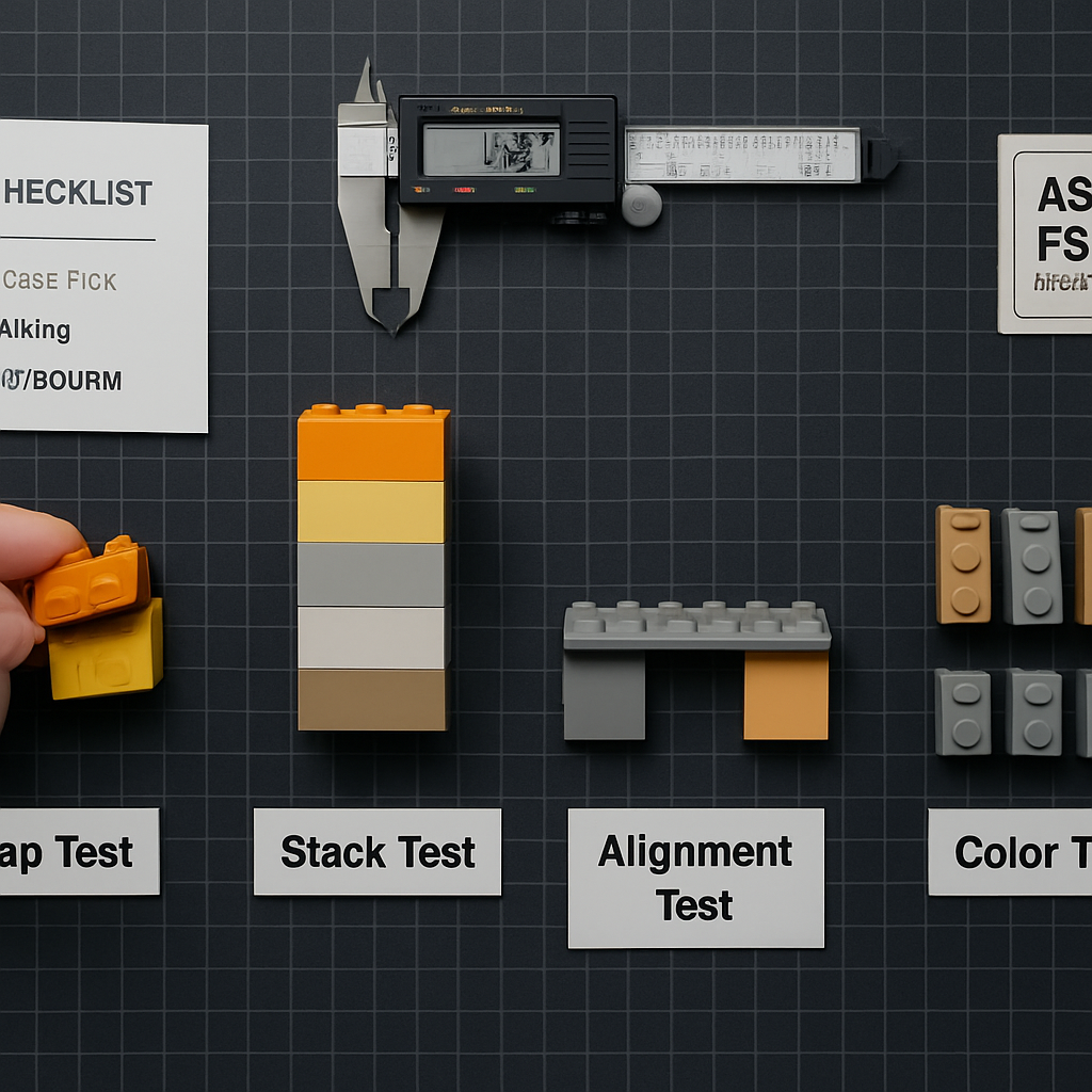 Overhead view of four brick compatibility tests — snap test, stack test, alignment test, color test — laid out on a dark build mat with brand checklists and a digital caliper