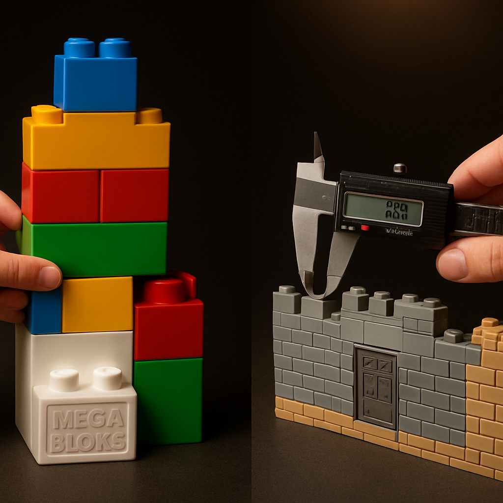 Split display showing Mega Bloks and DUPLO large-scale bricks stacked by toddler hands on the left, and Mega Construx with standard bricks assembled by collector hands on the right, with digital caliper confirming stud spacing on each scale