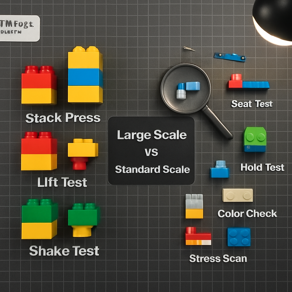 Dual-scale brick compatibility testing workspace: left half shows the 4-step toddler safe test with large Mega Bloks and DUPLO bricks; right half shows the 5-step collector test with standard Mega Construx and LEGO bricks, each step labelled and ticked in orange