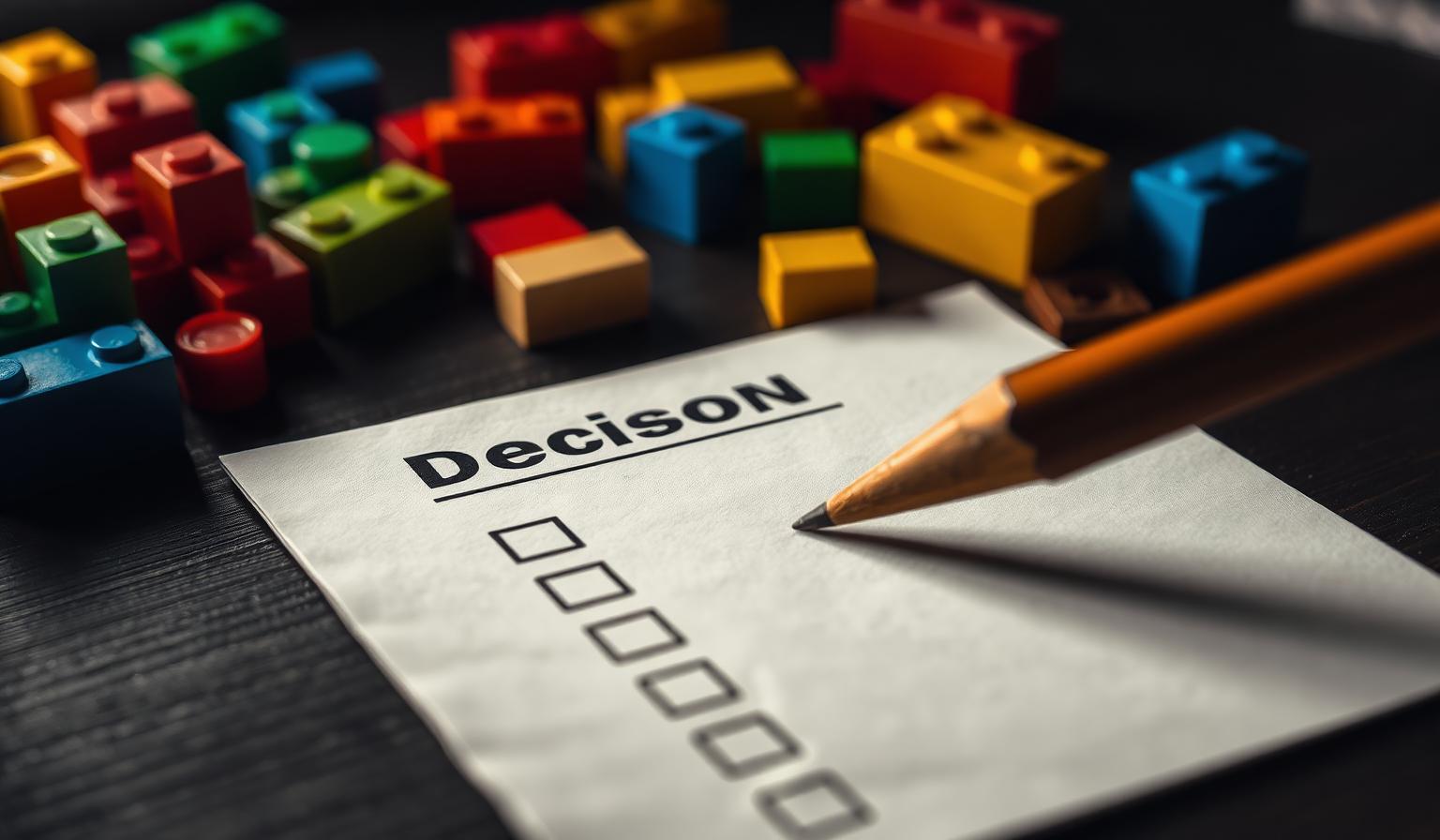 A decision checklist card on a dark desk surrounded by colorful compatible building bricks with a pencil ready to tick the boxes