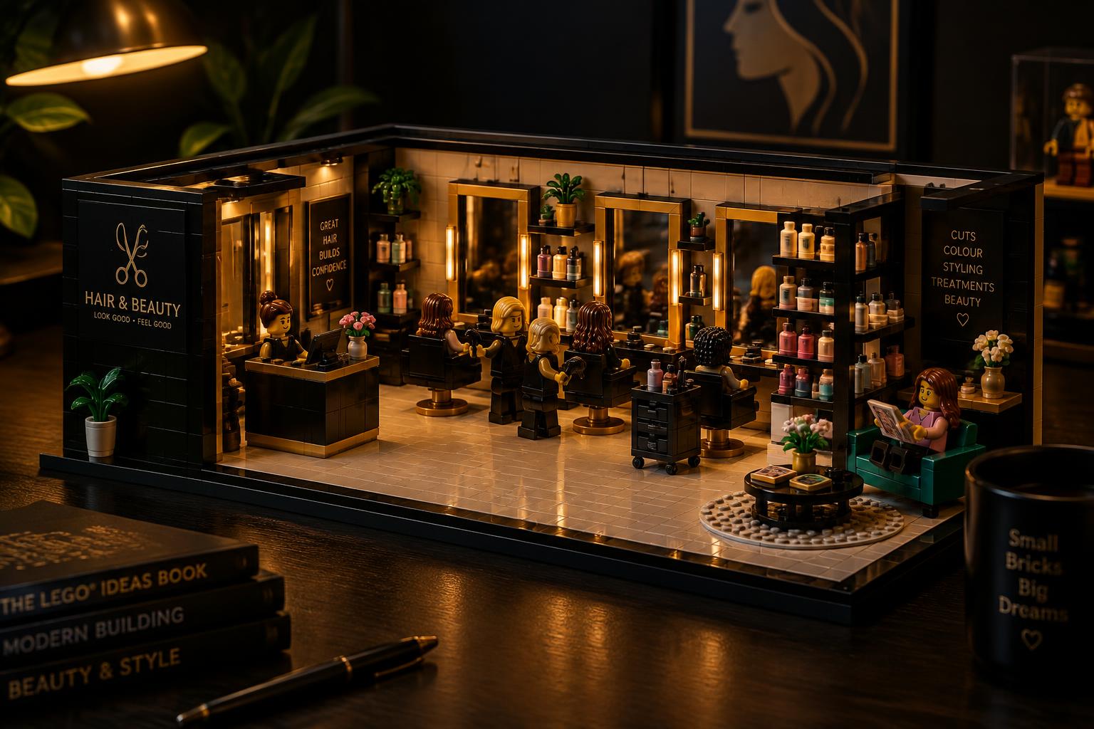 Detailed LEGO-compatible brick beauty salon model with swivel chairs, mirrors and product shelves on a collector desk