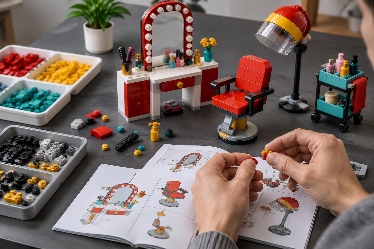 Compatible-brick vanity, styling chair and salon accessories organized beside build instructions and sorted pieces
